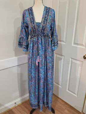 Stelle 100% Silk Boho Paisley Maxi Dress in Teal & Pink